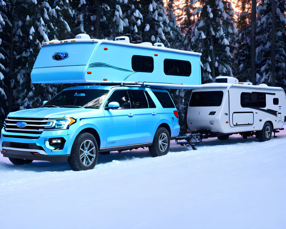Blue SUV towing white camper trailer on snow-covered road with pine trees