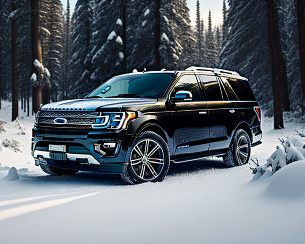 Black SUV parked on snowy path in dense pine forest at dusk