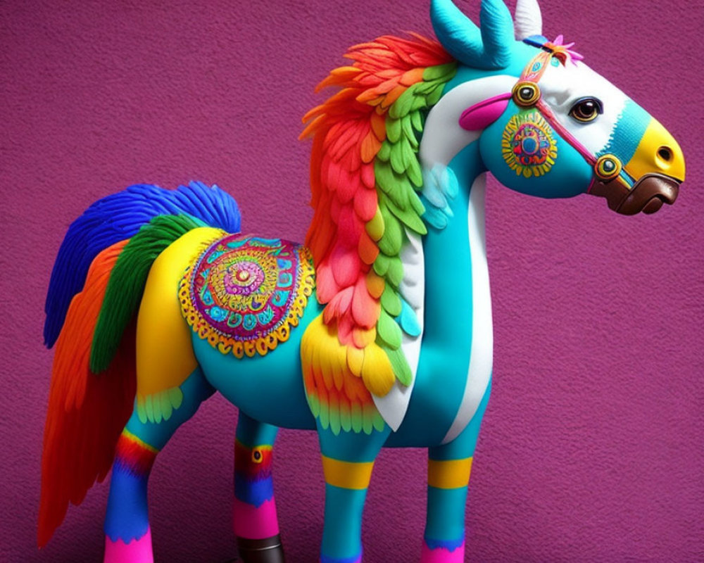 Vibrant mythical horse sculpture with colorful feathers and multicolored details on pink backdrop