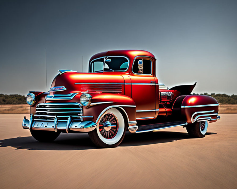 Vintage Red and Black Pickup Truck with Chrome Details and Whitewall Tires on Open Road