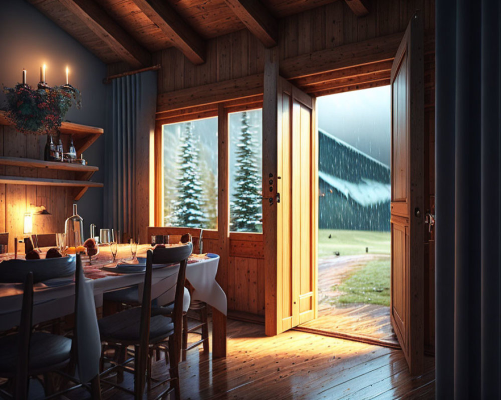 Rustic wooden cabin interior with dining table and snowy view