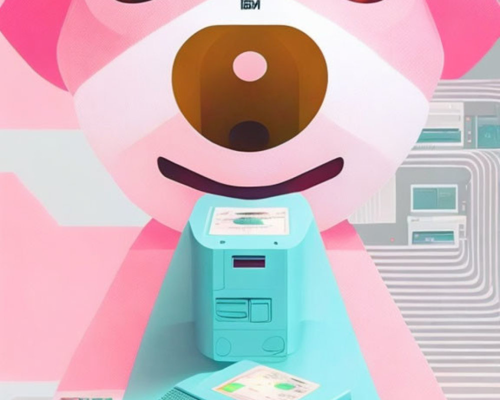 Stylized digital illustration of large-eyed pink and white dog with IBM computer setup and geometric backdrop
