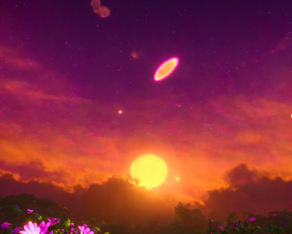 Colorful sunset with large sun, purple and orange clouds, stars, galaxy, and silhouettes