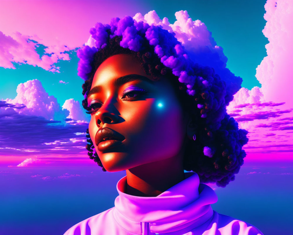 Portrait of woman with afro hair in vibrant sunset sky