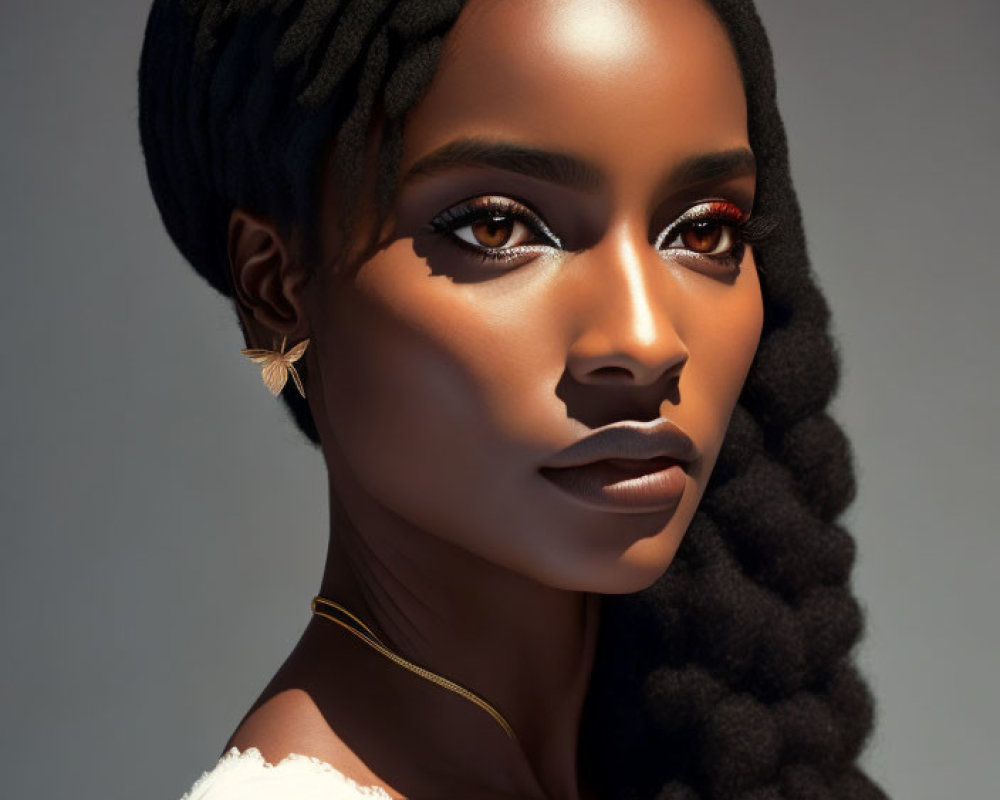 Dark-skinned woman with braided hair, striking makeup, and gold jewelry on grey background