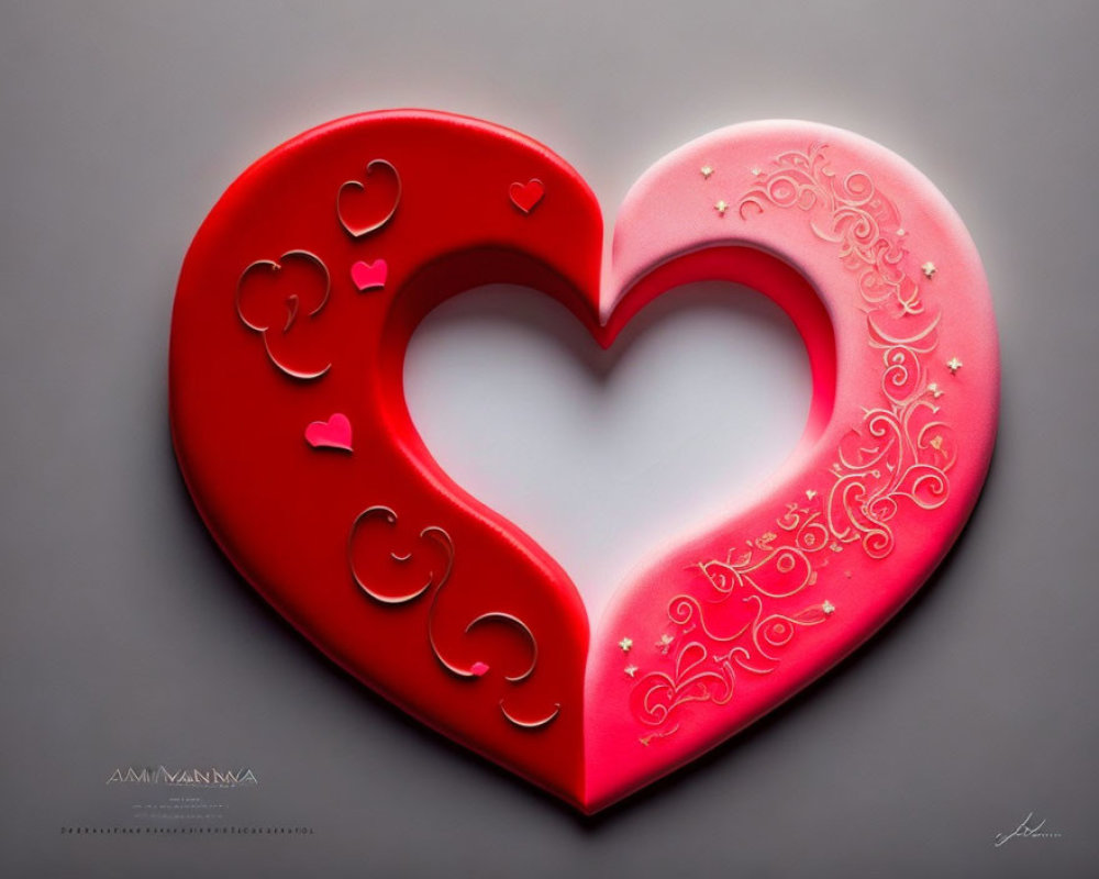 Red heart-shaped object with swirls and cutouts on gradient background