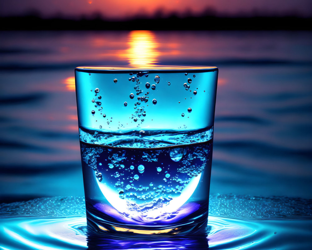 Glass of Water with Bubbles Reflecting Sunset Colors