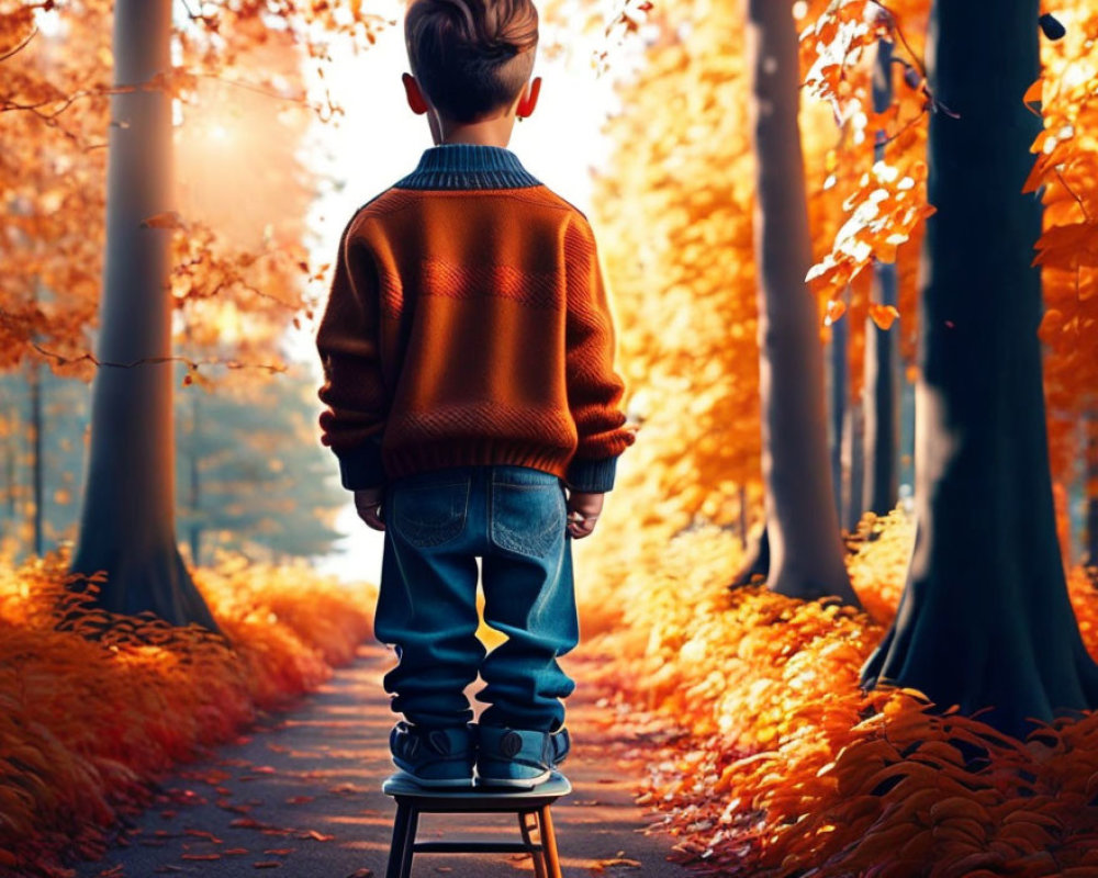 Child on Stool in Autumn Forest Pathway