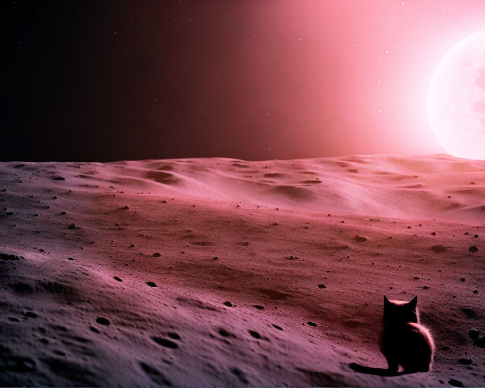 Silhouette of cat on barren moonscape under red sky with celestial body