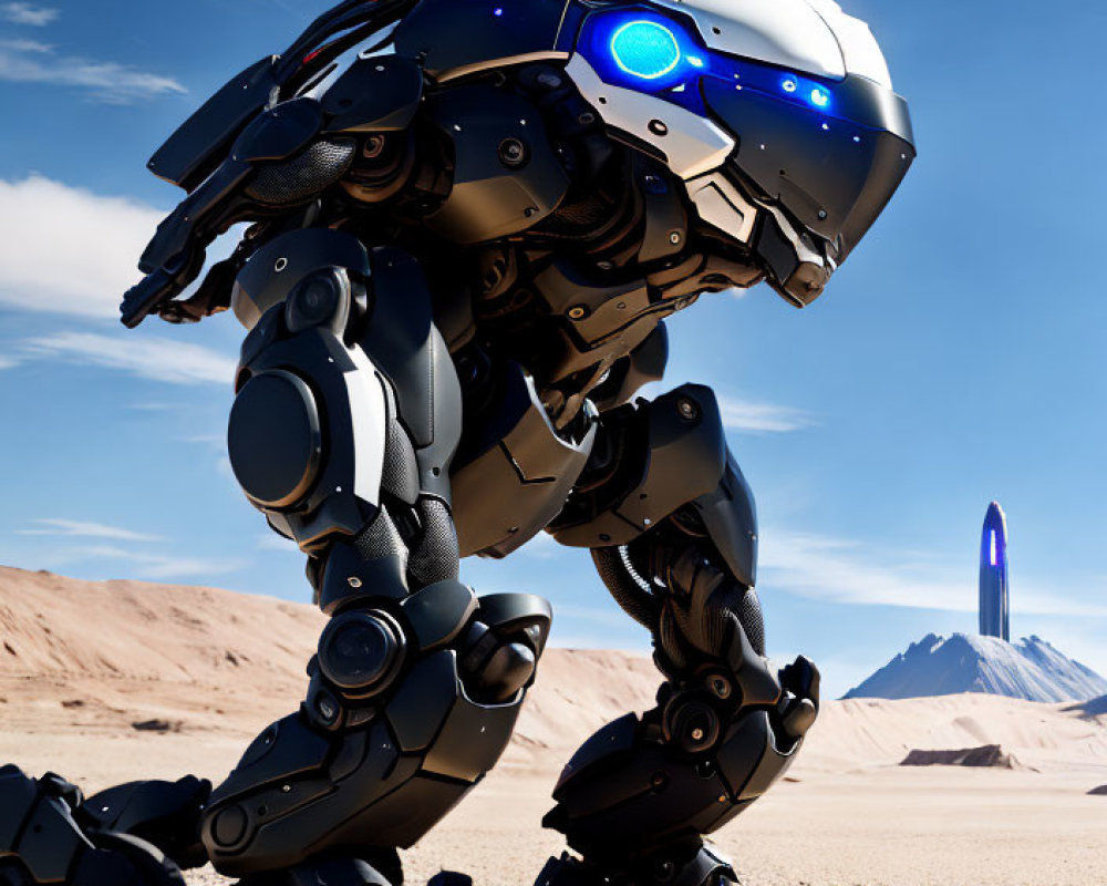 Futuristic robot with blue lights in desert landscape