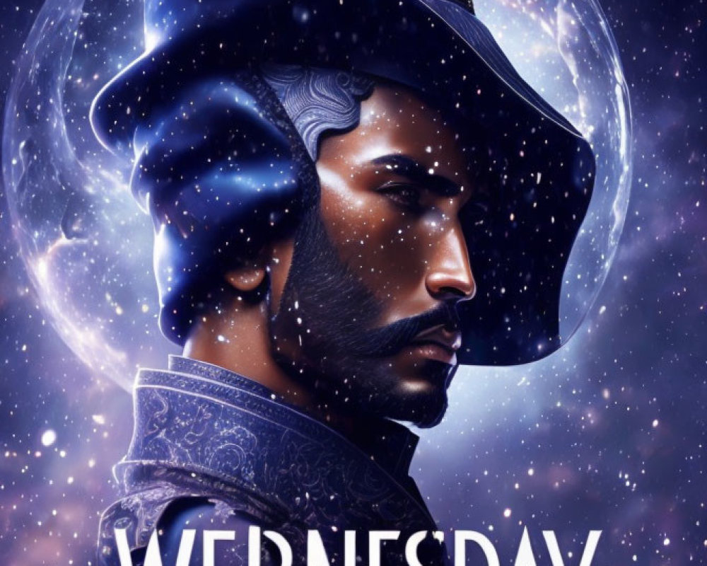 Stylized space-themed admiral with stars and nebulae, word "WEDNESDAY