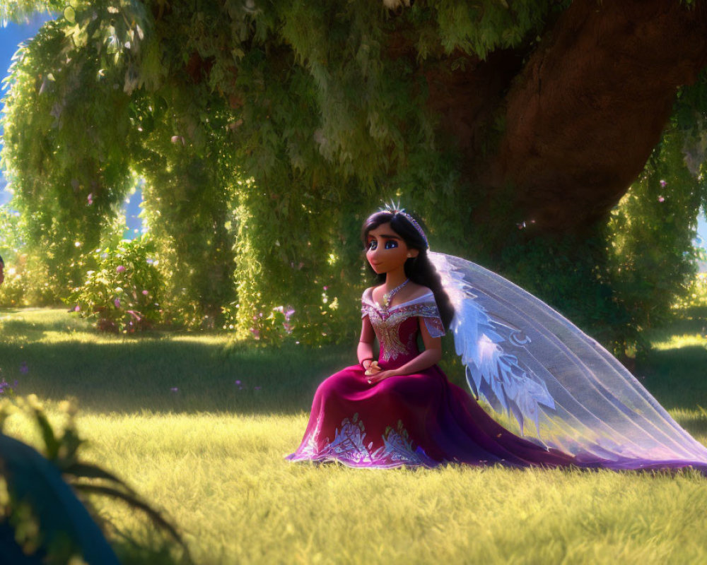 Purple dress and winged cape character sitting under tree in lush garden