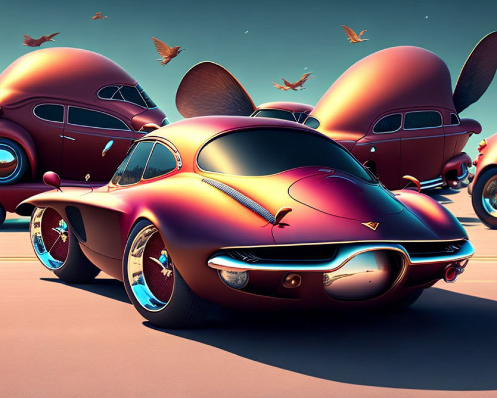 Digital Art: Stylized Retro-Futuristic Cars & Bird-like Entities