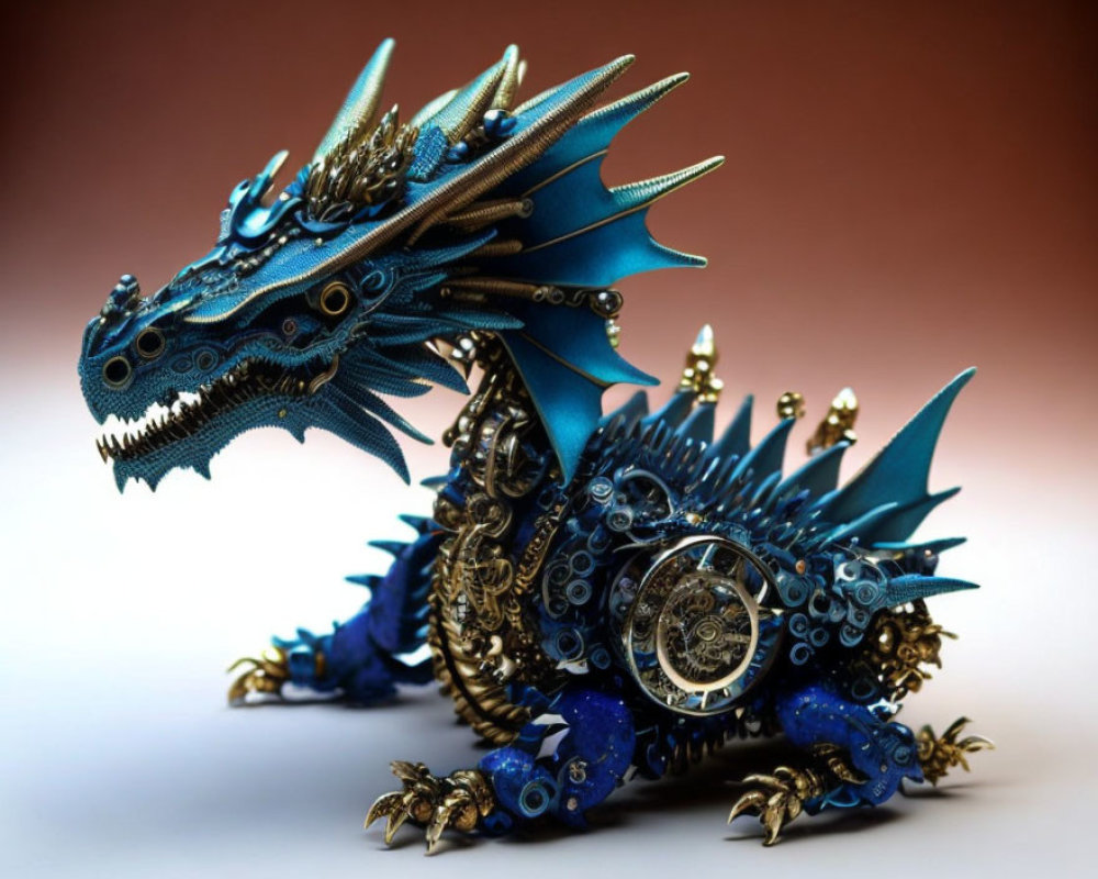 Detailed Blue and Gold Steampunk Dragon Figurine with Mechanical Elements