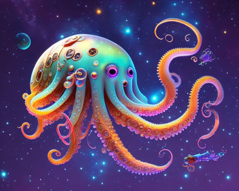 Colorful Whimsical Octopus Artwork in Cosmic Setting