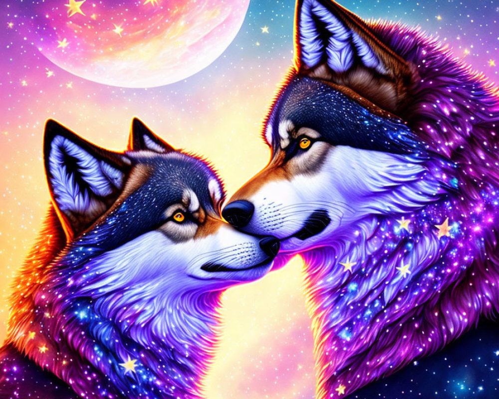 Colorful Wolves in Cosmic Scene with Moon and Stars