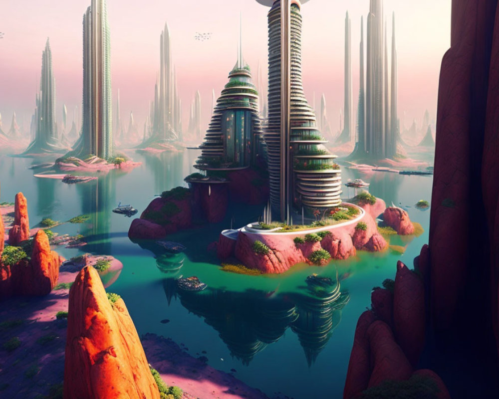 Futuristic cityscape with tall buildings in pink sky