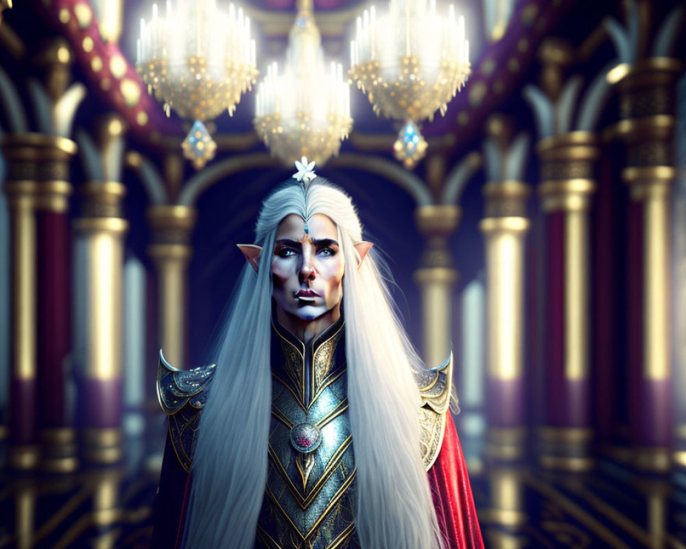 Long-haired elf in royal attire in grand hall with chandeliers