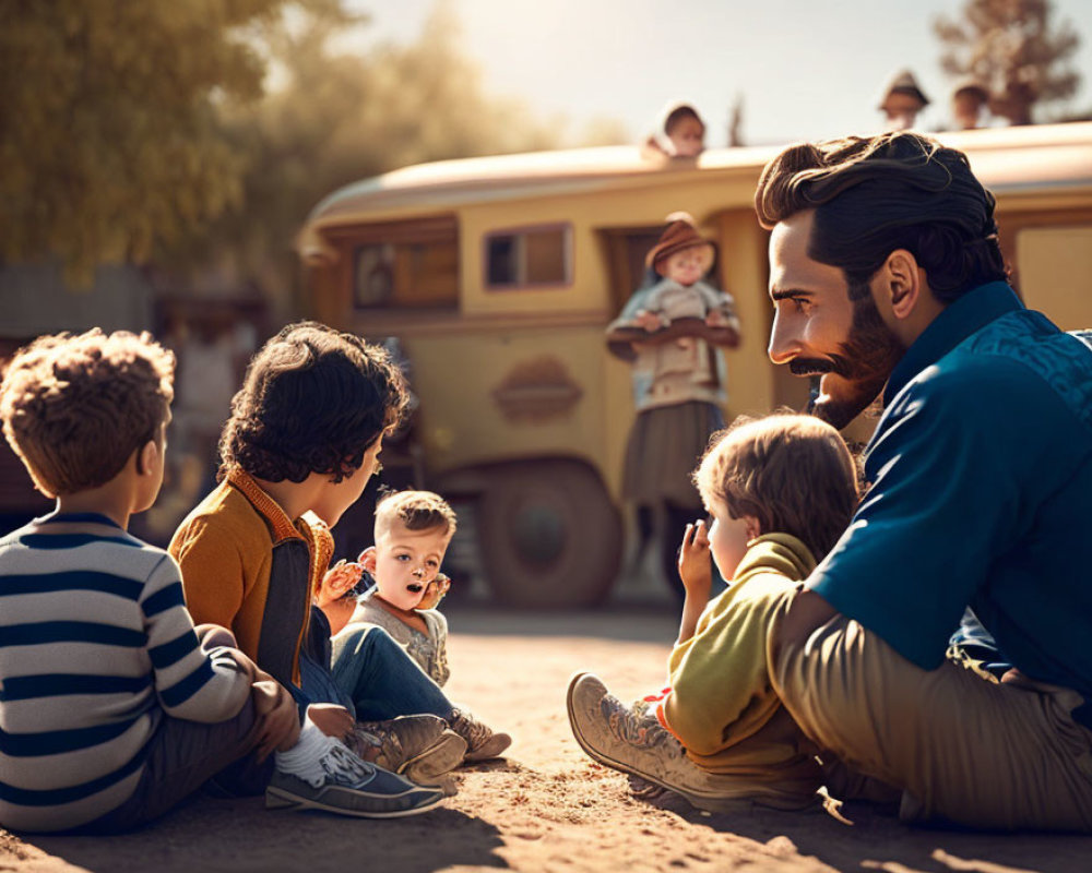 Man and children chatting outdoors near vintage bus