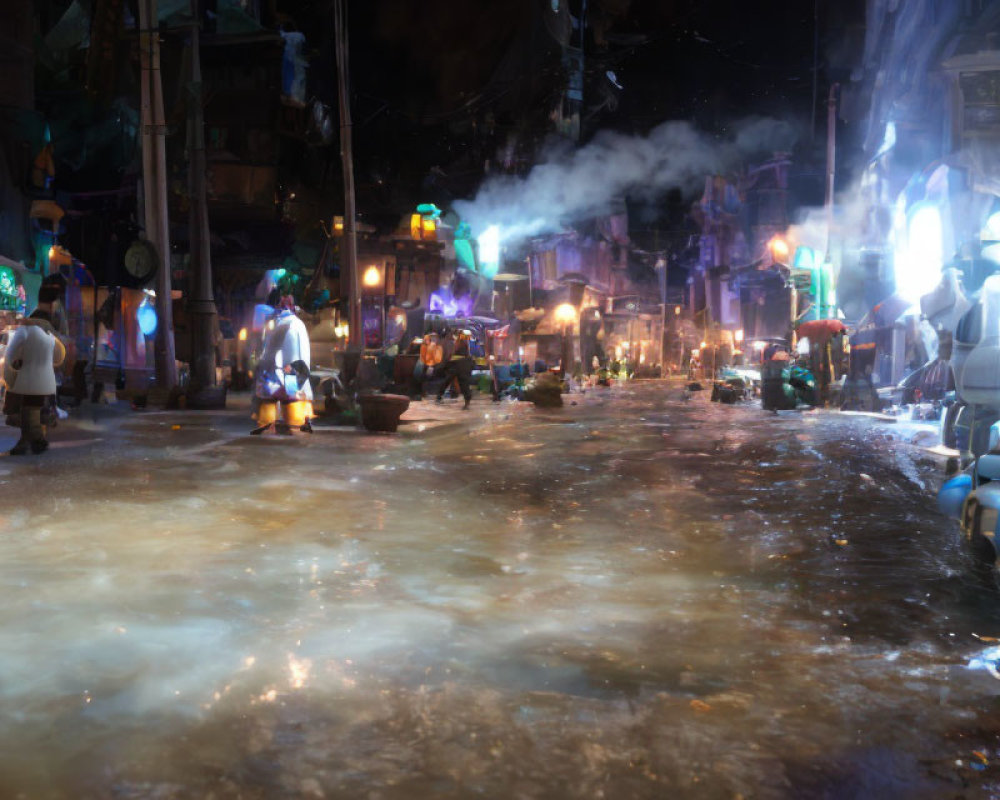 Vibrant night market scene with steam, neon signs, and bustling activity