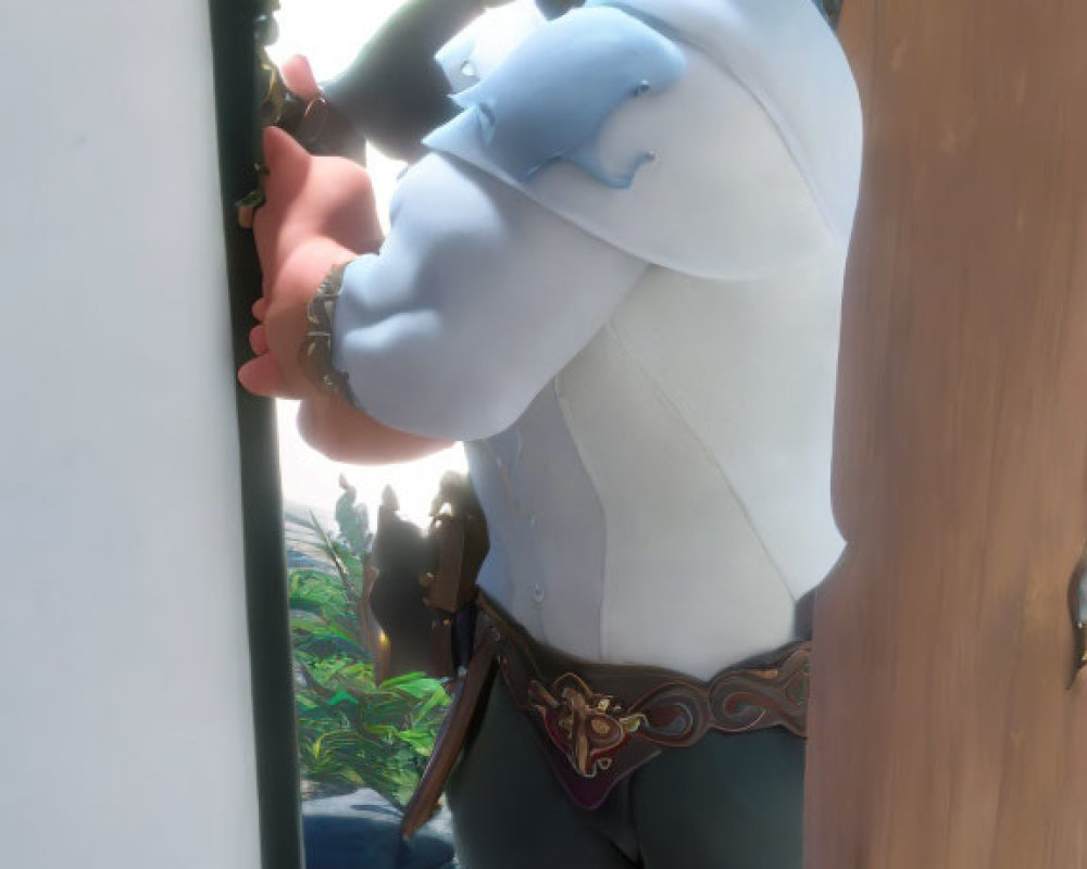 3D animated character with spiky green hair holding a sword in doorway