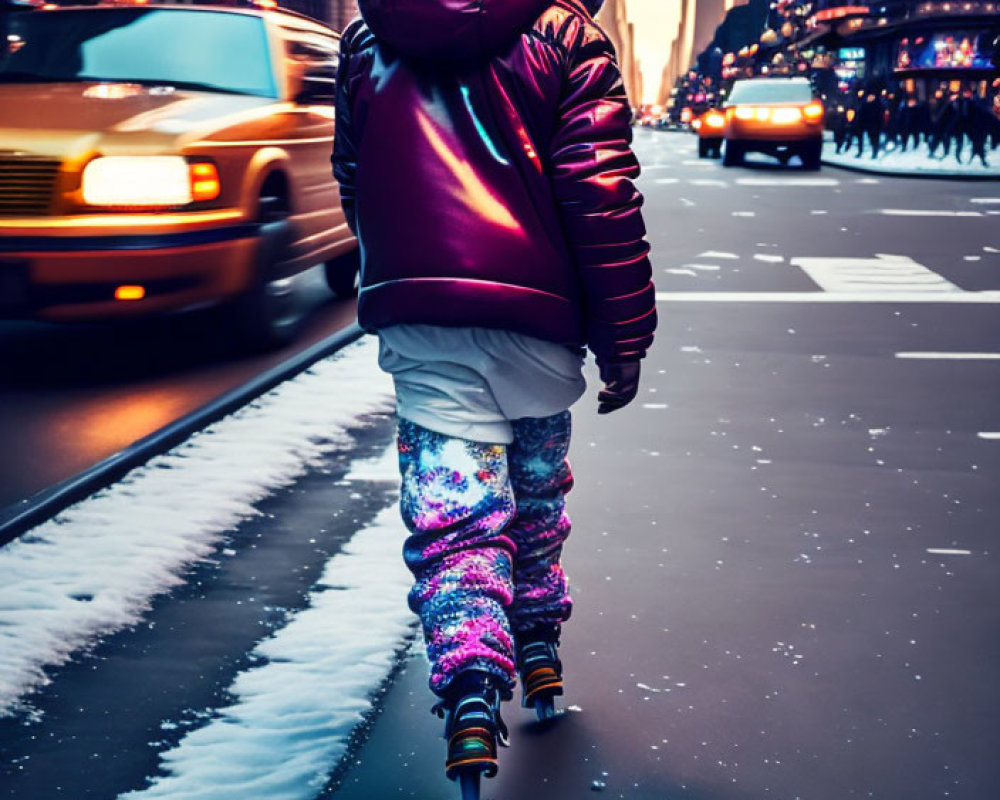 Person rollerblading in vibrant outfit on snowy city street at dusk