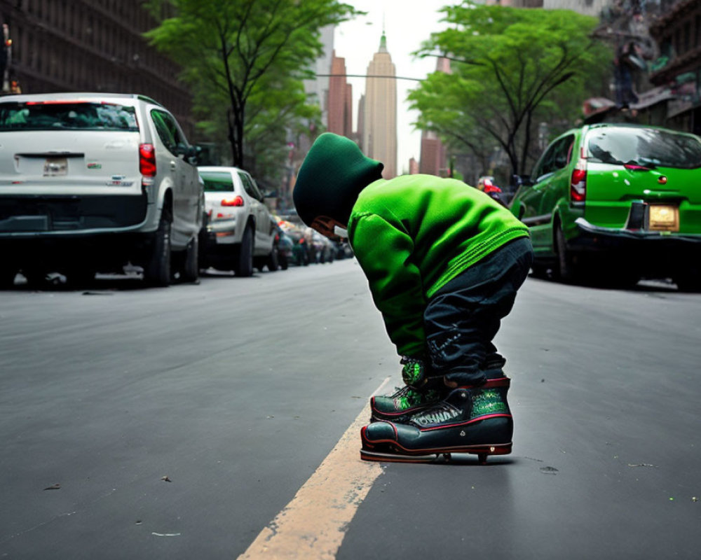 Person in green hoodie crouched on city street in rollerblades