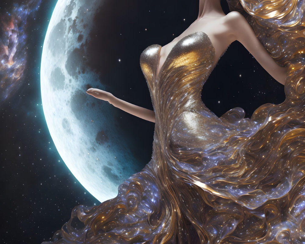 Woman in Golden Gown with Wavy Hair in Cosmic Setting