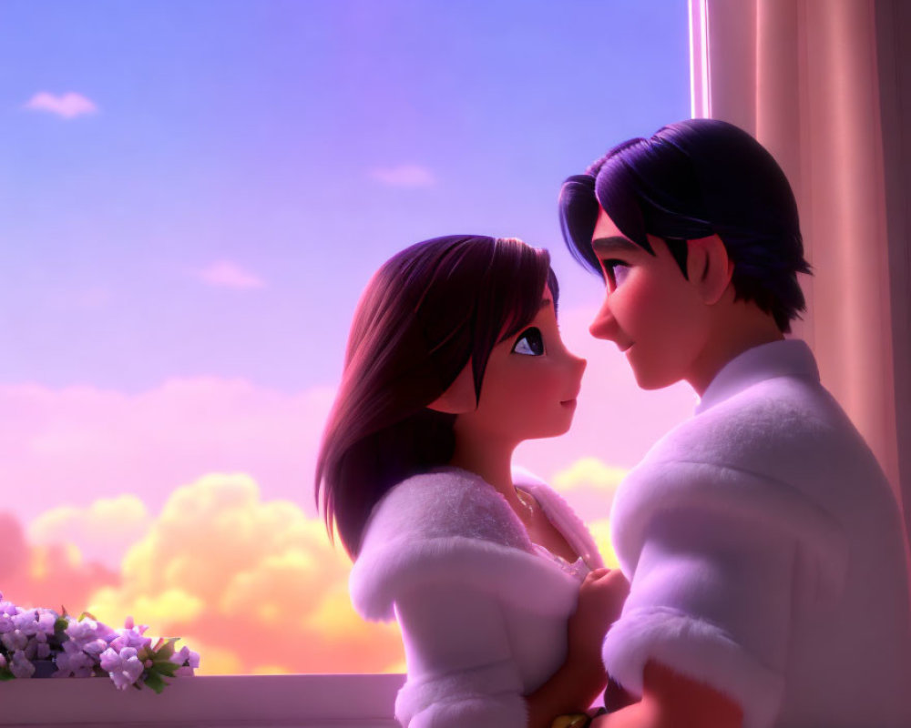 Animated characters in romantic moment by window with pink & purple sunset