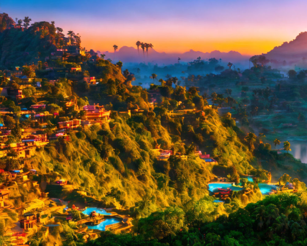 Scenic hillside village at sunrise with lush greenery and colorful buildings