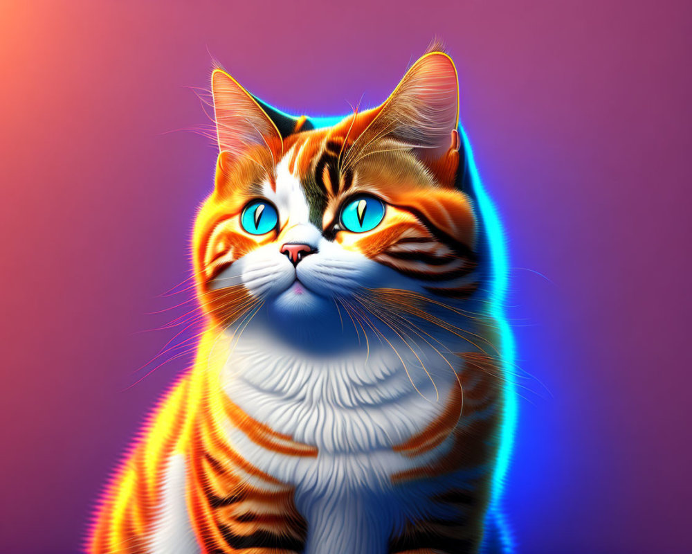 Colorful Digital Art: Cat with Blue Eyes and Orange-Striped Fur on Purple Gradient
