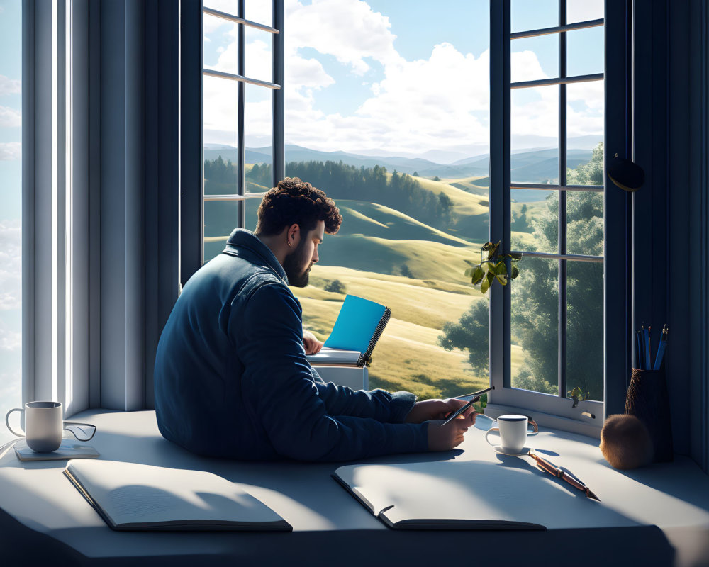 Man at desk with tablet overlooking rolling hills and coffee cup.