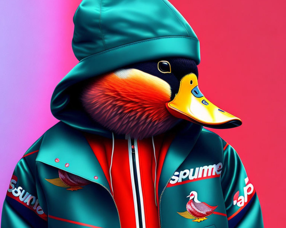 Colorful digital artwork: Duck head on human body in teal hoodie and red jacket