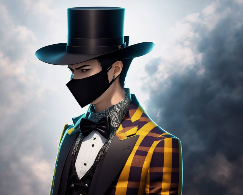 Man in Checkered Suit and Top Hat with Mask on Cloudy Sky Background