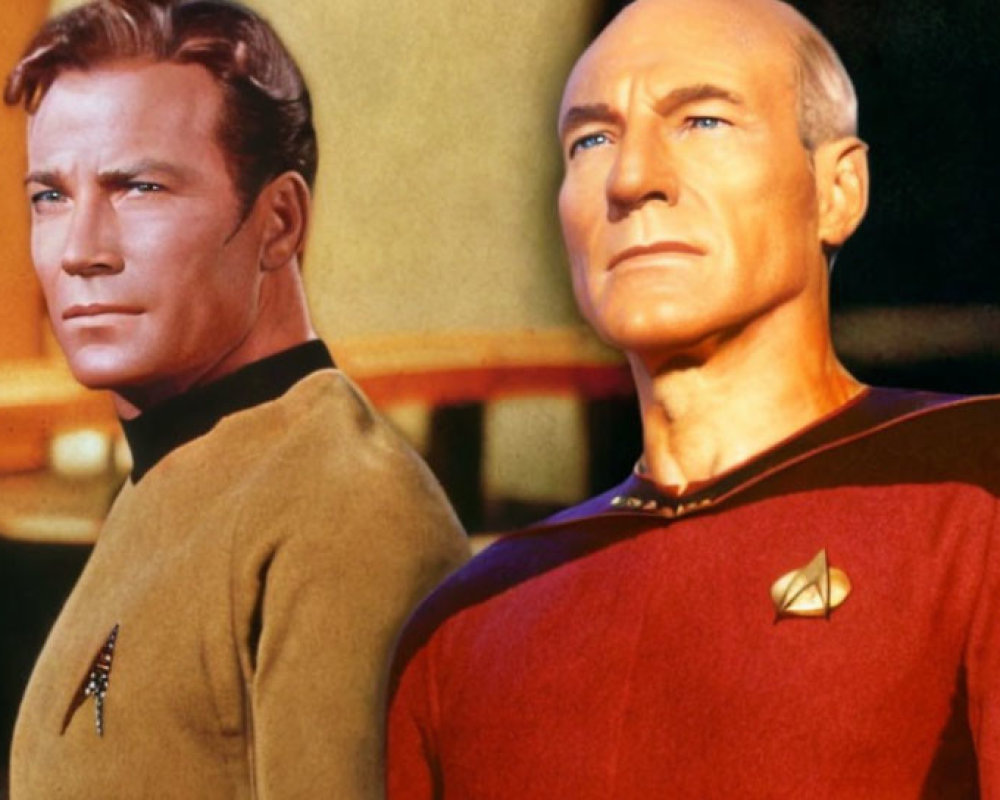 Starfleet uniforms from different Star Trek eras with spaceship in background