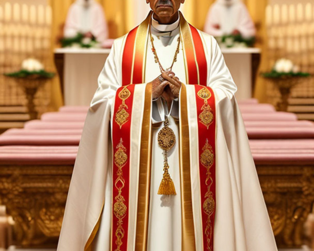 Clergyman in liturgical vestments praying at altar with seated figures in background