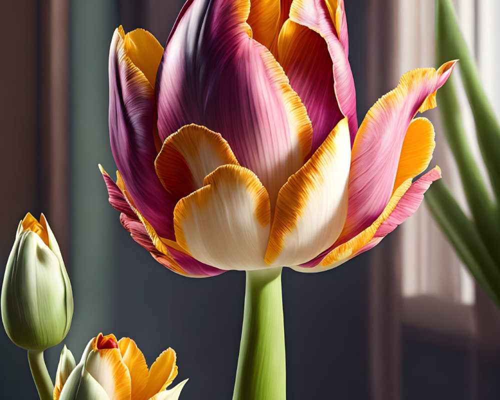 Colorful Tulip in Full Bloom Surrounded by Buds and Flora