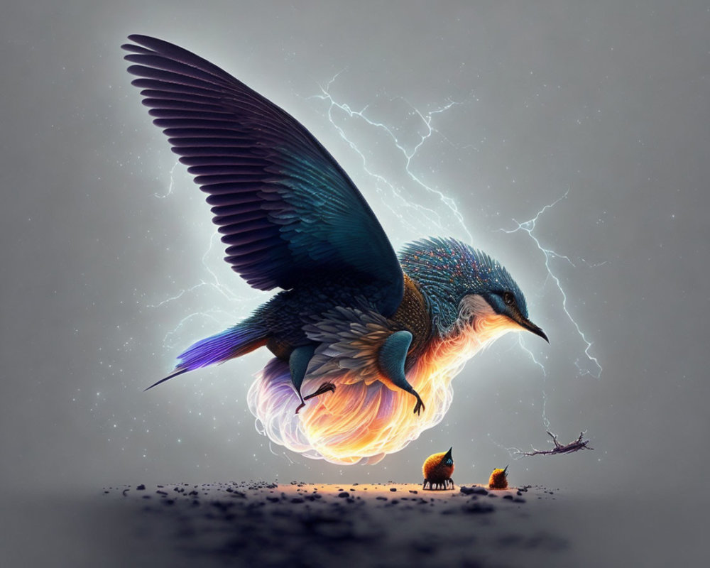 Colorful bird with expansive wings in lightning storm, smaller bird below