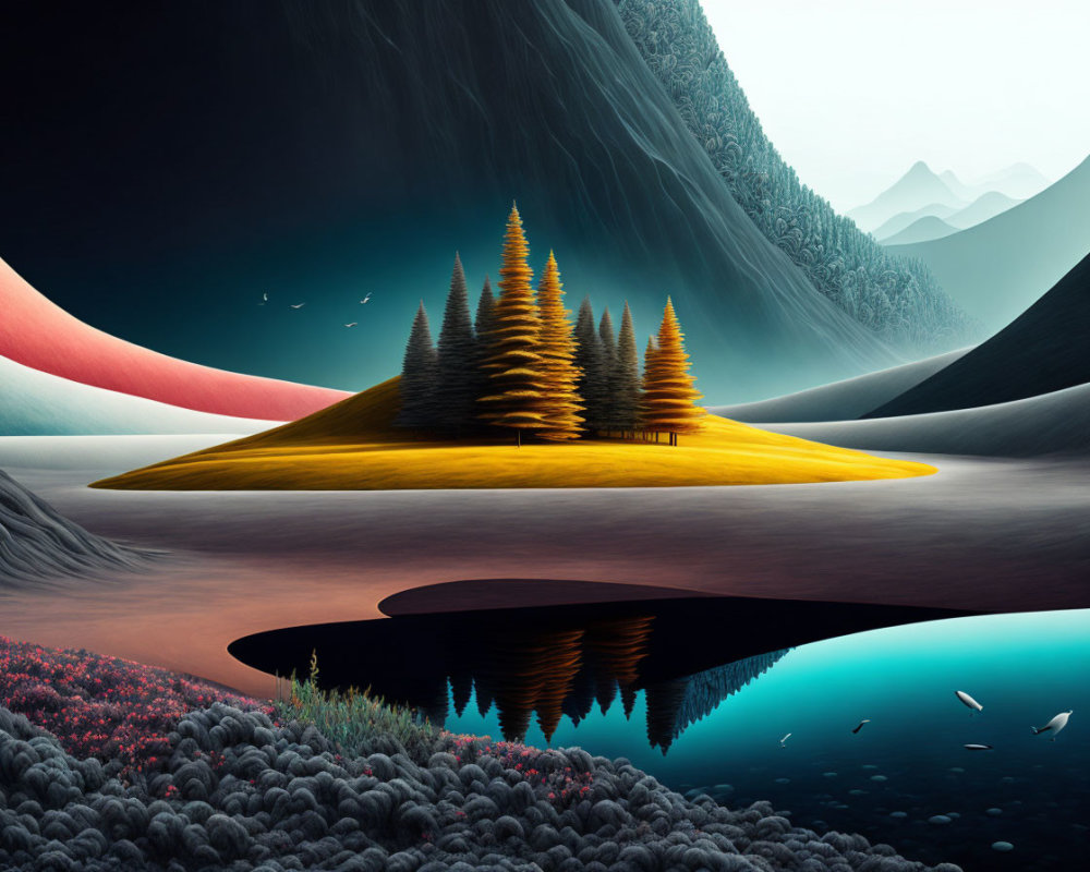 Vibrant surreal landscape: island of trees, reflective water, undulating hills at dusk