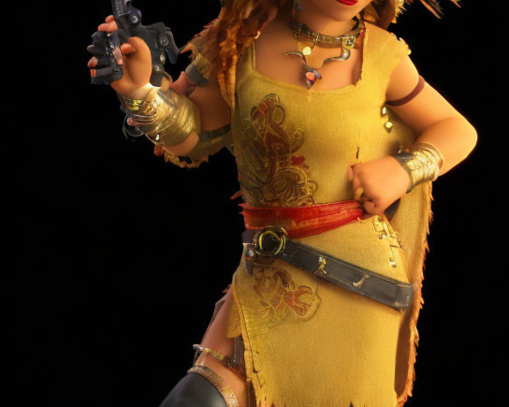 Animated pirate character with hat, sword, pistol, yellow dress, boots, sash, and jewelry