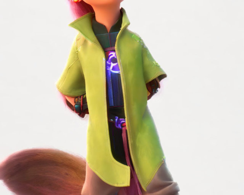 Stylized animated character with pink hair in futuristic outfit