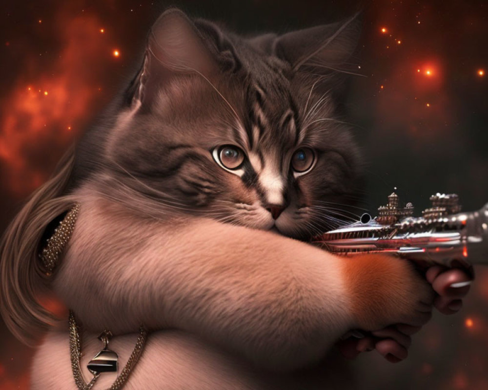 Digital artwork: Cat-headed figure with futuristic gun and jewelry in fiery setting