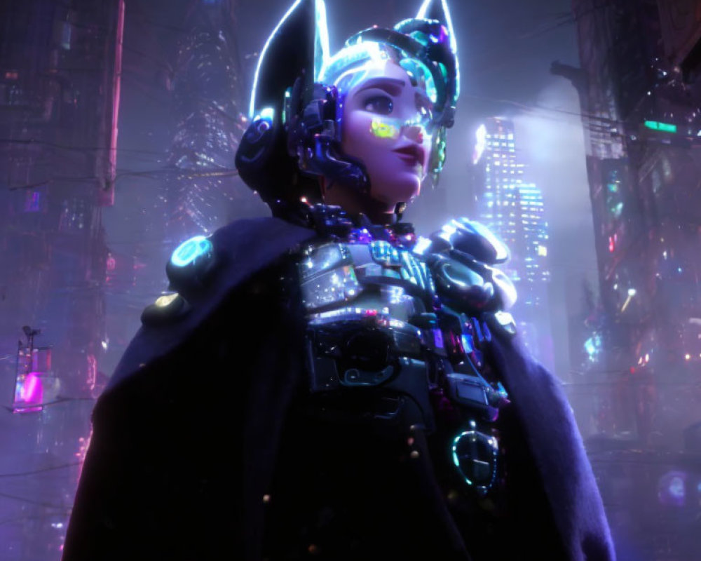 Futuristic figure in cat-ear helmet with AR visor in neon-lit cyberpunk city