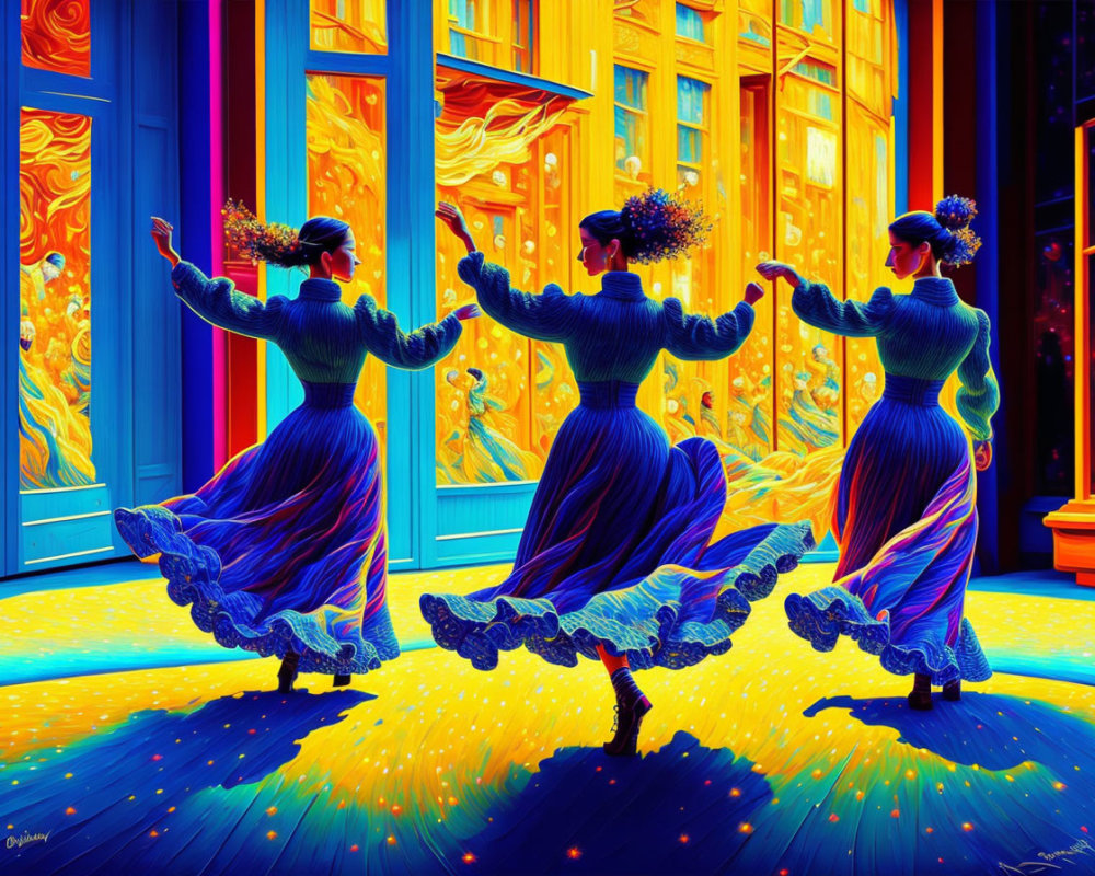 Three women in traditional dresses dancing in a vibrant, stylized room.