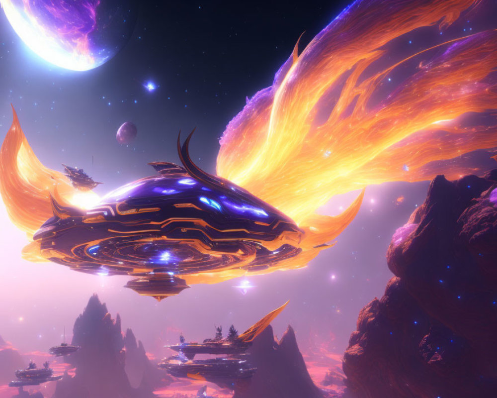 Futuristic spaceship with fiery trails in vibrant alien landscape