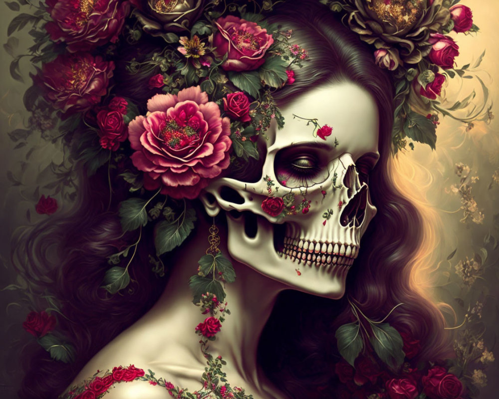 Digital Artwork: Skull with Female Features, Crown of Red Roses, Floral Motifs, Long Hair
