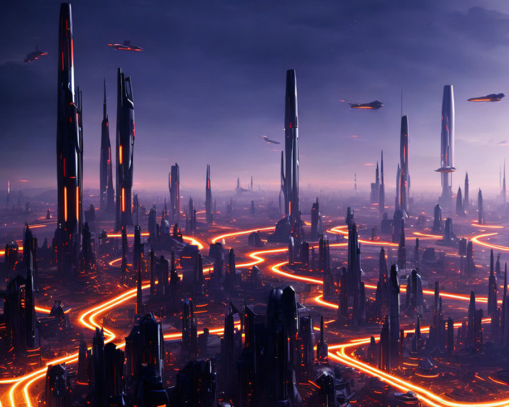 Futuristic twilight cityscape with skyscrapers and glowing roads