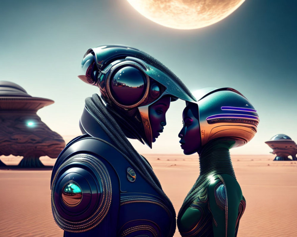 Futuristic robots touching foreheads on alien desert planet