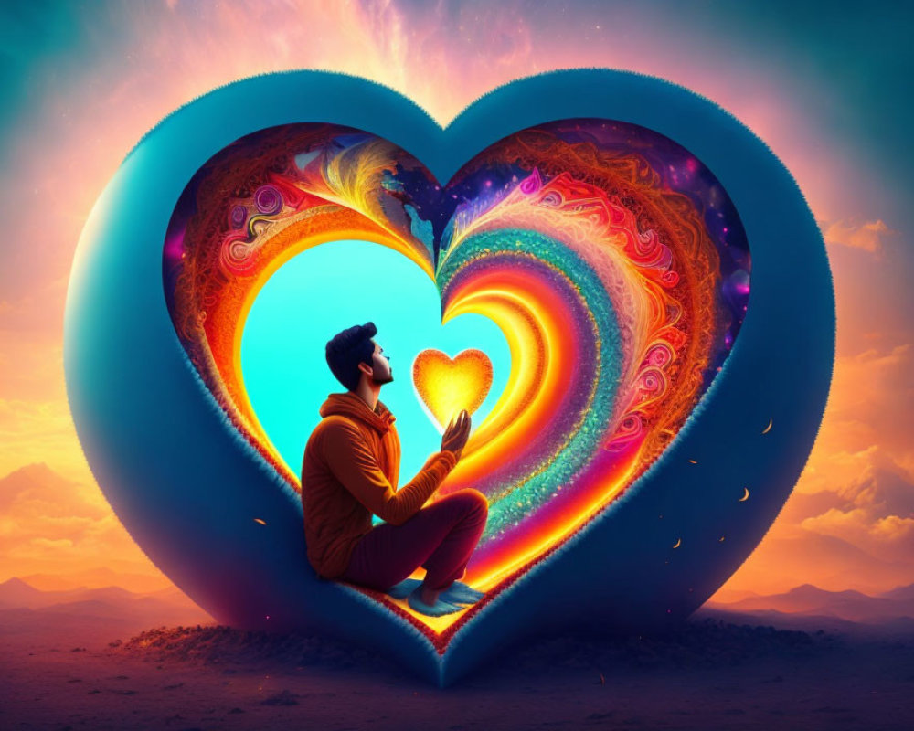 Man holding luminous heart in multicolored heart-shaped portal with surreal desert landscape