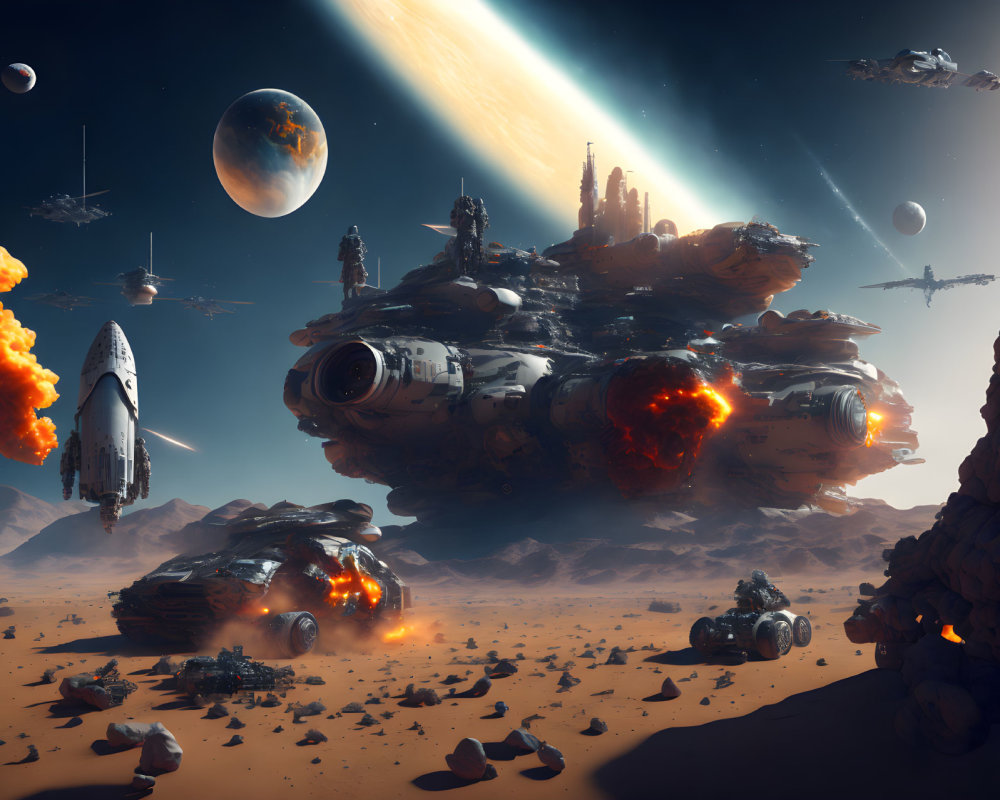Sci-fi desert planet scene with spaceships, ruins, and multiple celestial bodies